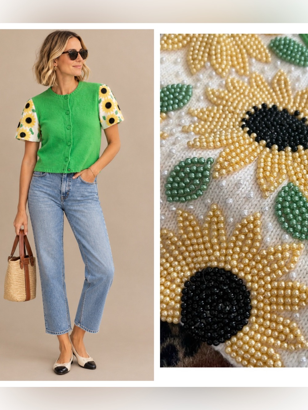 Vintage knit top button down sunflowers beaded green yellow crop blouse M